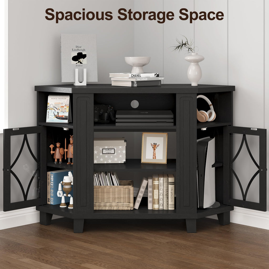 Corner TV Stand up to 55 Inch with Storage Wood Media Console Cabinet Satin Black T5784