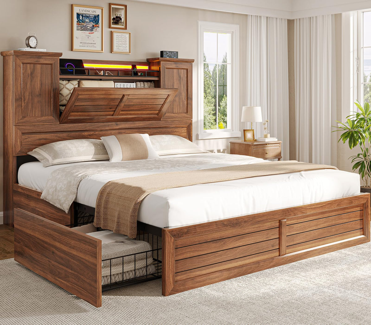 Queen Size Wooden Platform Bed Frame with Headboard Storage Drawers B86340