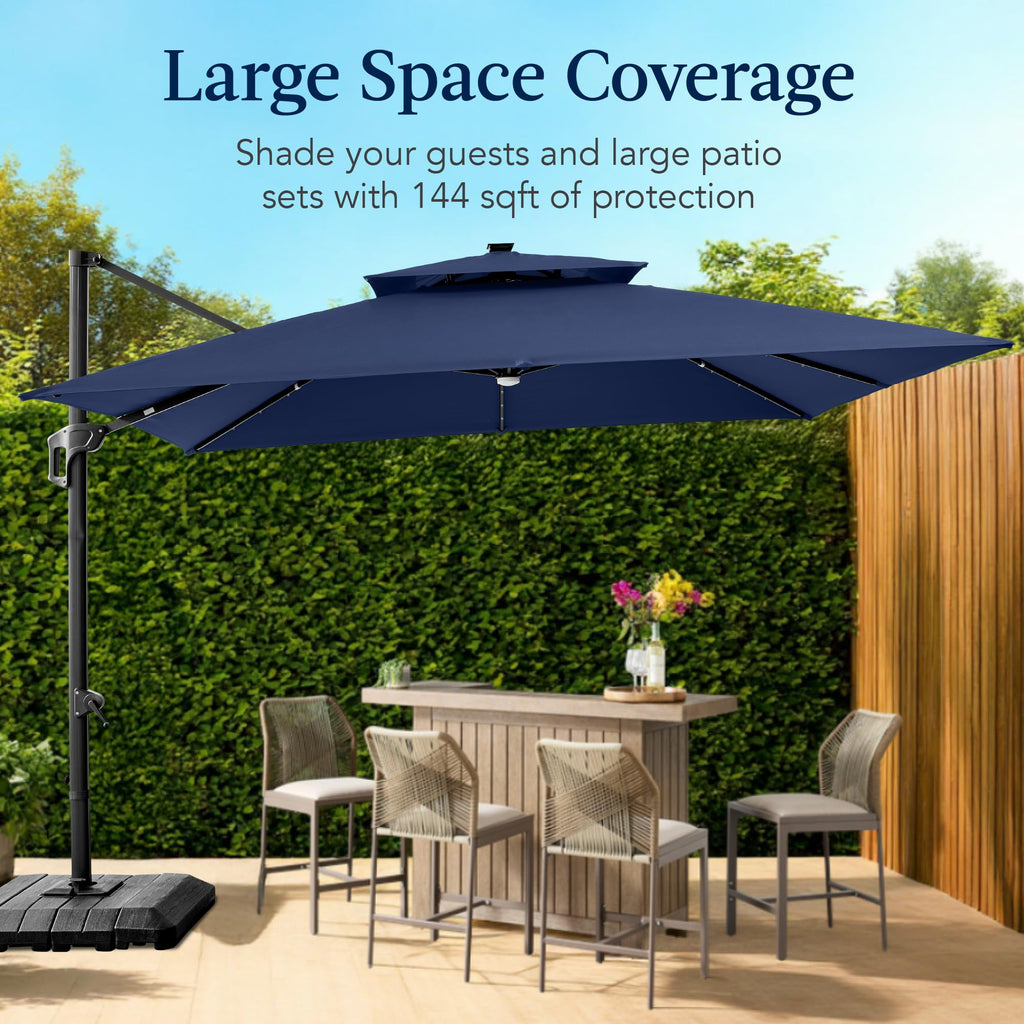 12x12ft LED Cantilever Patio Umbrella with Base and 360° Rotation Z47210
