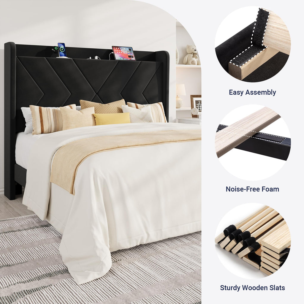 Queen Size Black Velvet Bed Frame with Charging and Shelf F1057