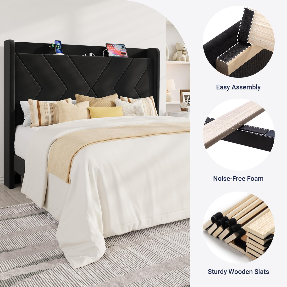 Queen Size Black Velvet Bed Frame with Charging and Shelf F1057