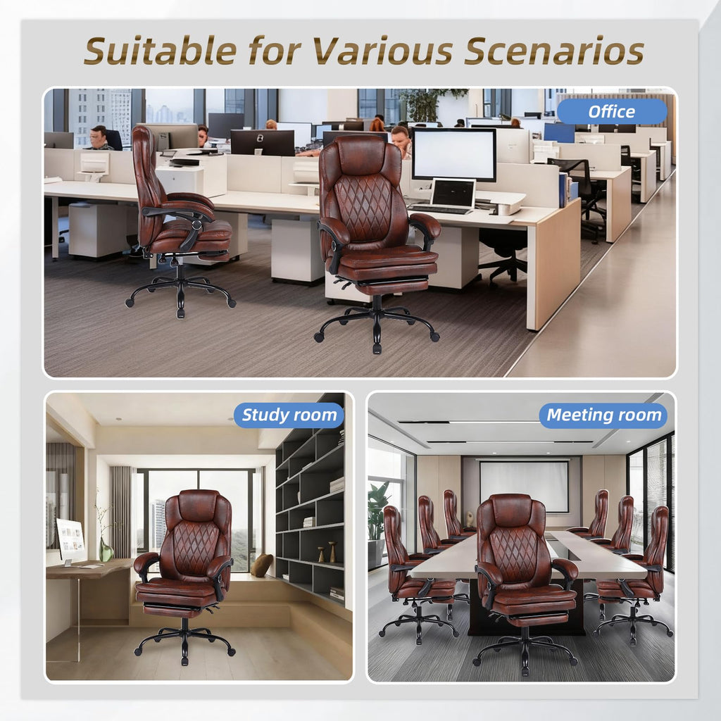 Big and Tall Brown PU Leather Reclining Office Chair with Foot Rest B770296
