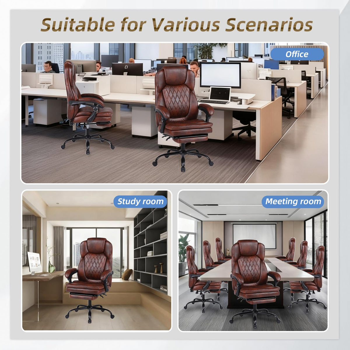 Big and Tall Brown PU Leather Reclining Office Chair with Foot Rest B770296