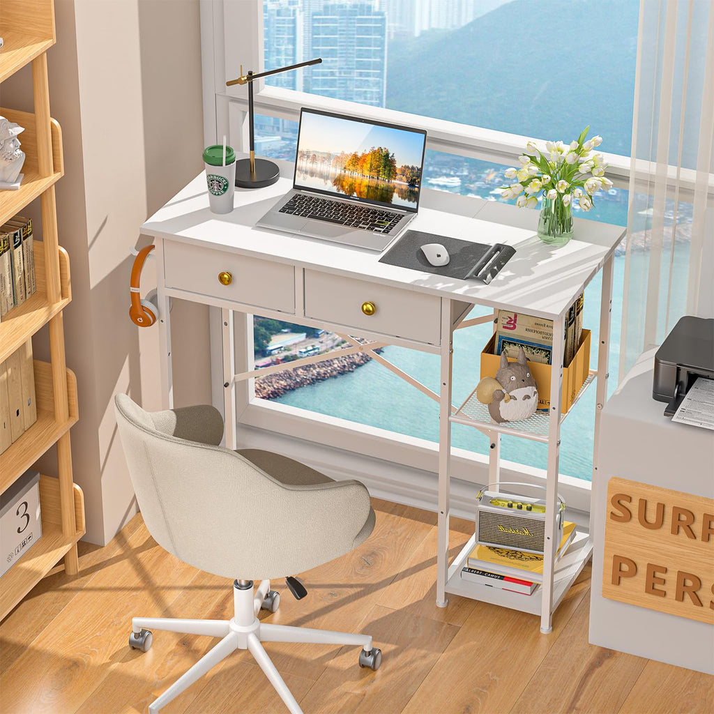 White 36 Inch Computer Desk with Drawers and Storage Shelves J2254