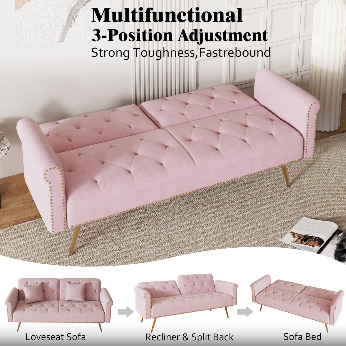 Pink Velvet Futon Sofa Bed Y6829