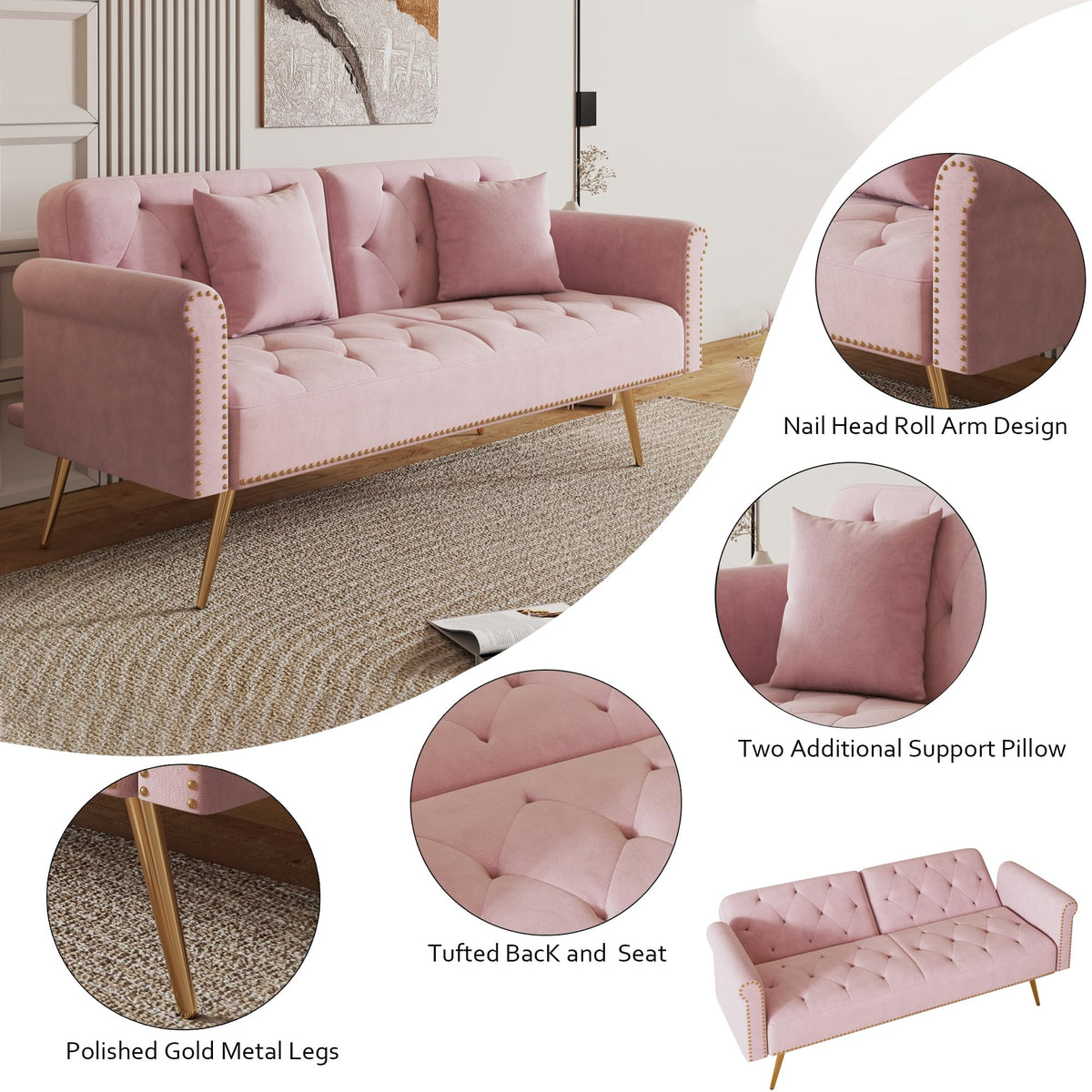 Pink Velvet Futon Sofa Bed Y6829