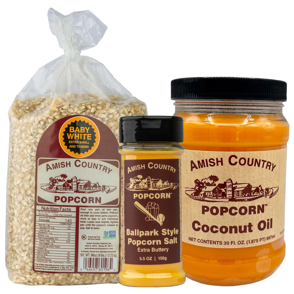 6 lb Baby White Popcorn, 30 oz Coconut Oil, 5.5 oz Butter Salt Bundle H8277