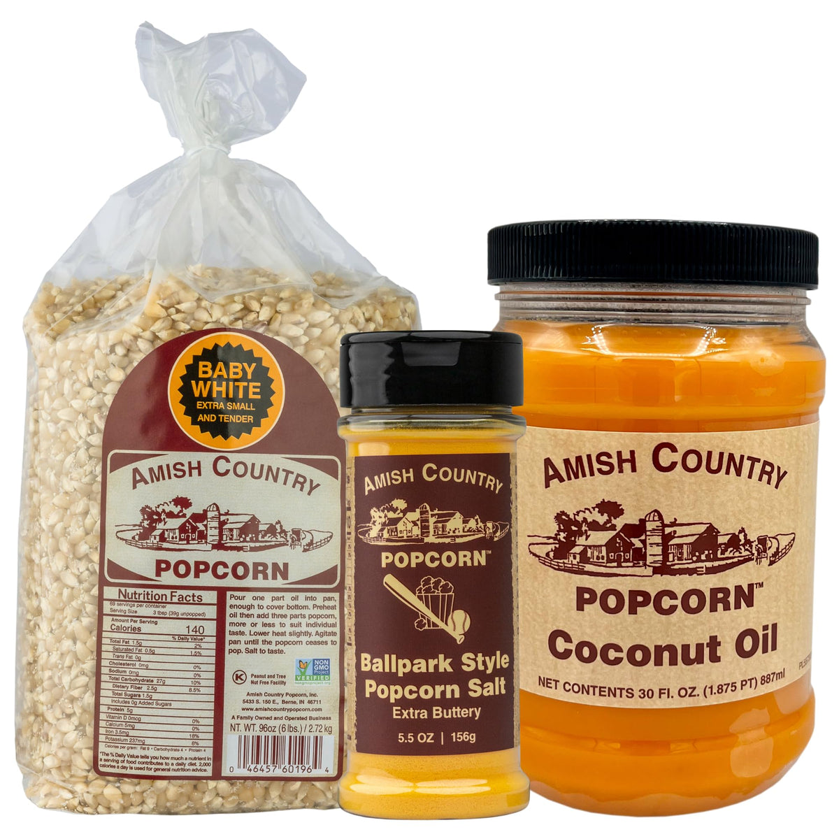 6 lb Baby White Popcorn, 30 oz Coconut Oil, 5.5 oz Butter Salt Bundle H8277