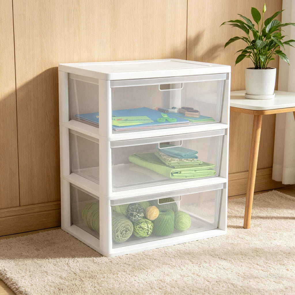 White 3-Drawer Plastic Storage Tower with Clear Bins B531846