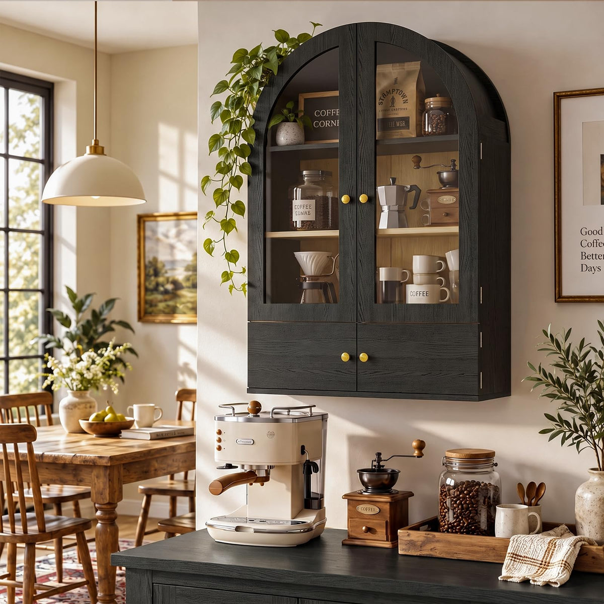 Black Arched Wall Mounted Cabinet with Glass Doors Y325379