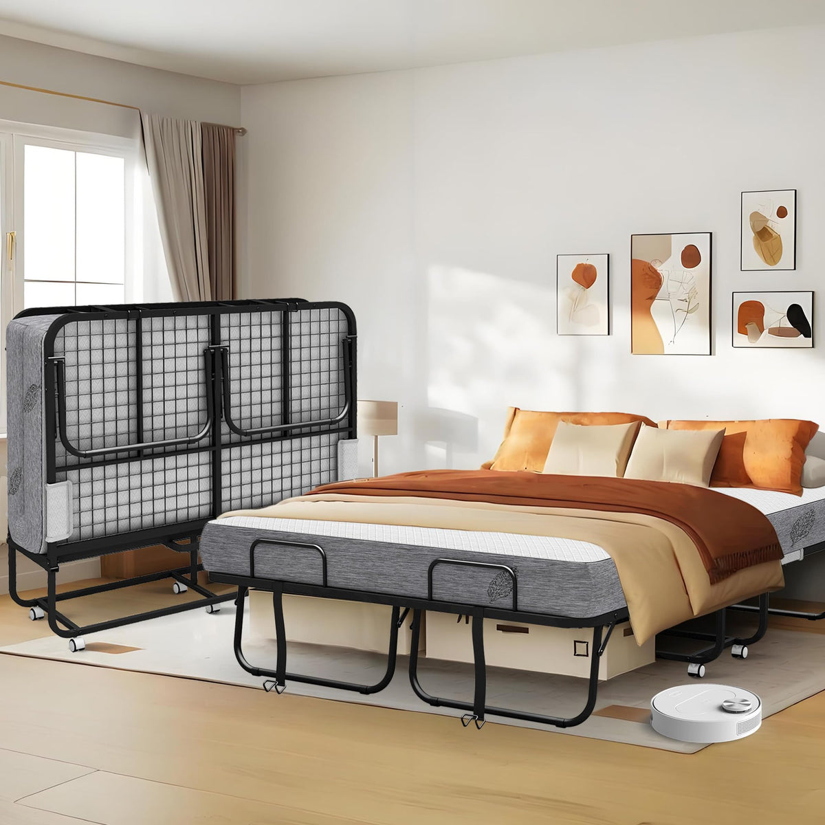 Folding Bed with Mattress Full Size 75 X 54 inch Memory Foam on Wheels H443