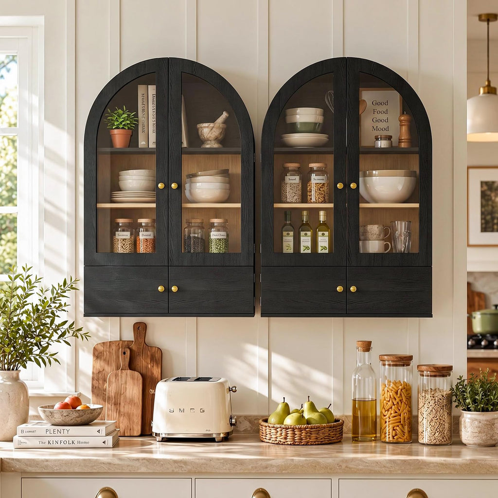 Black Arched Wall Mounted Cabinet with Glass Doors Y325379