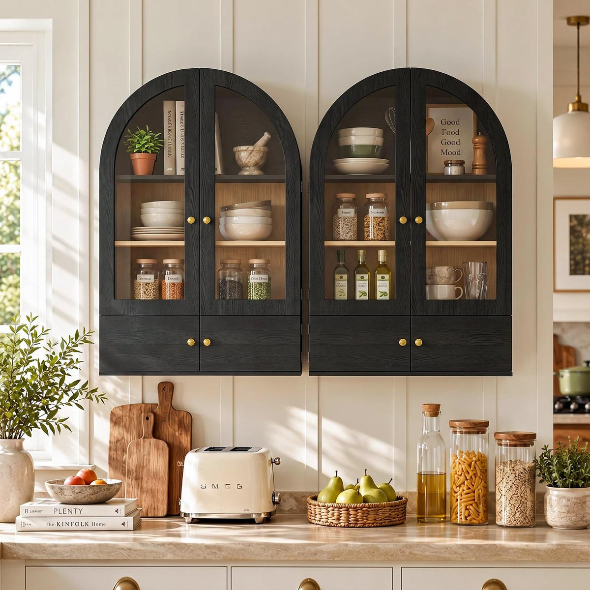 Black Arched Wall Mounted Cabinet with Glass Doors Y325379