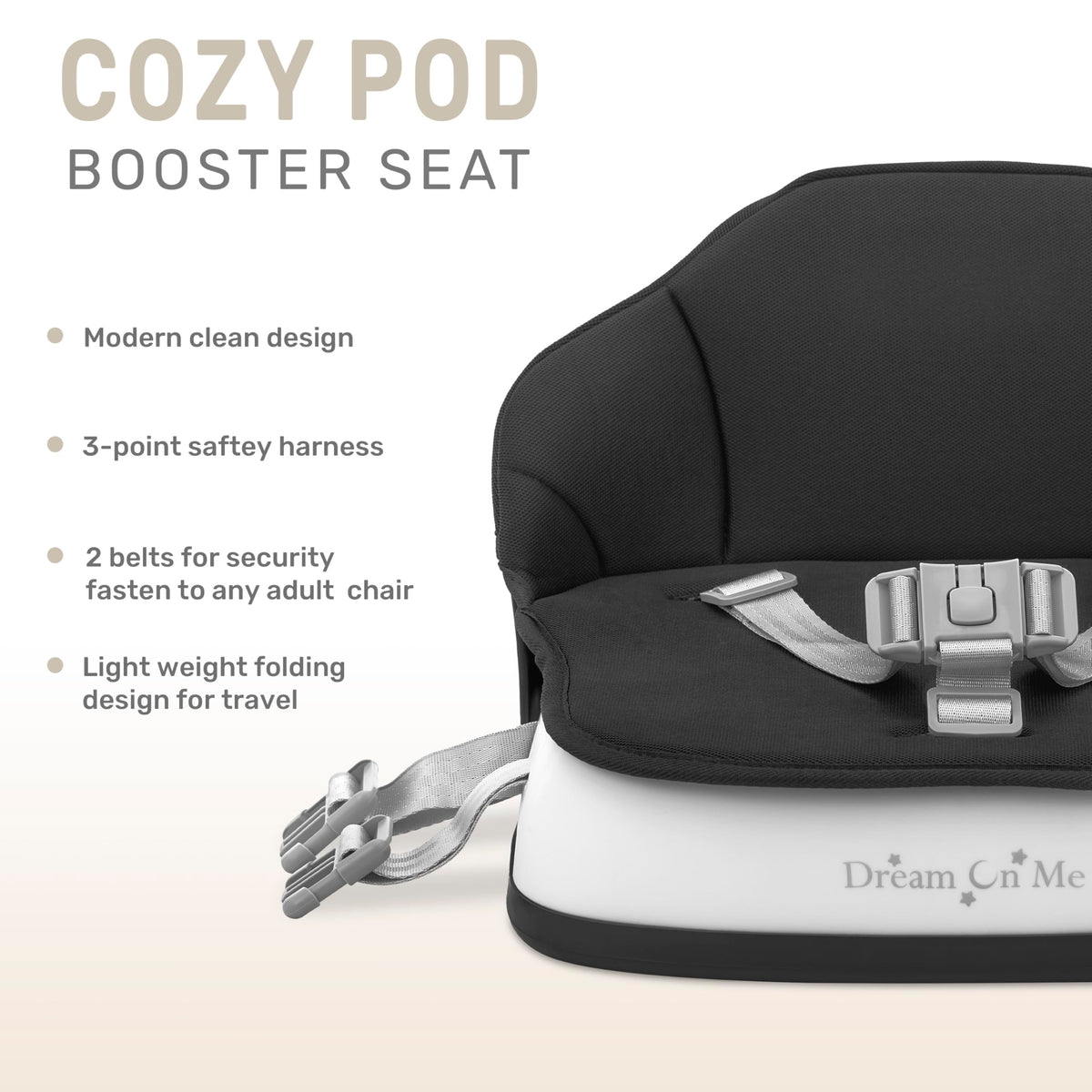 Portable Baby Booster Seat with 3-Point Harness & 2 Fixing Belts, Black I180915
