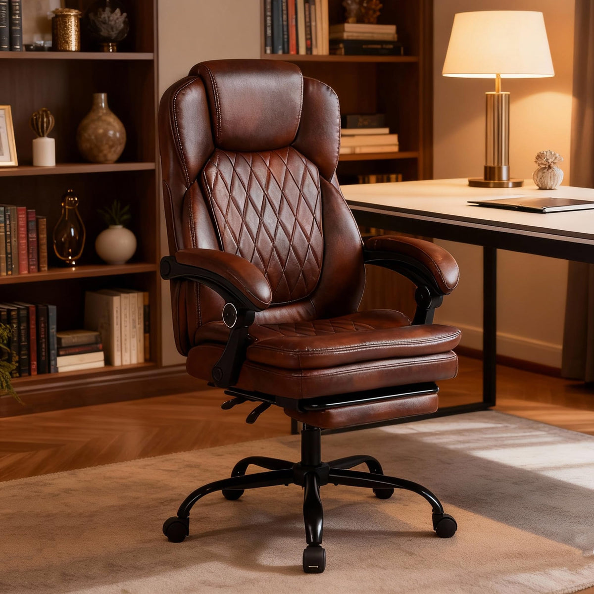 Big and Tall Brown PU Leather Reclining Office Chair with Foot Rest B770296