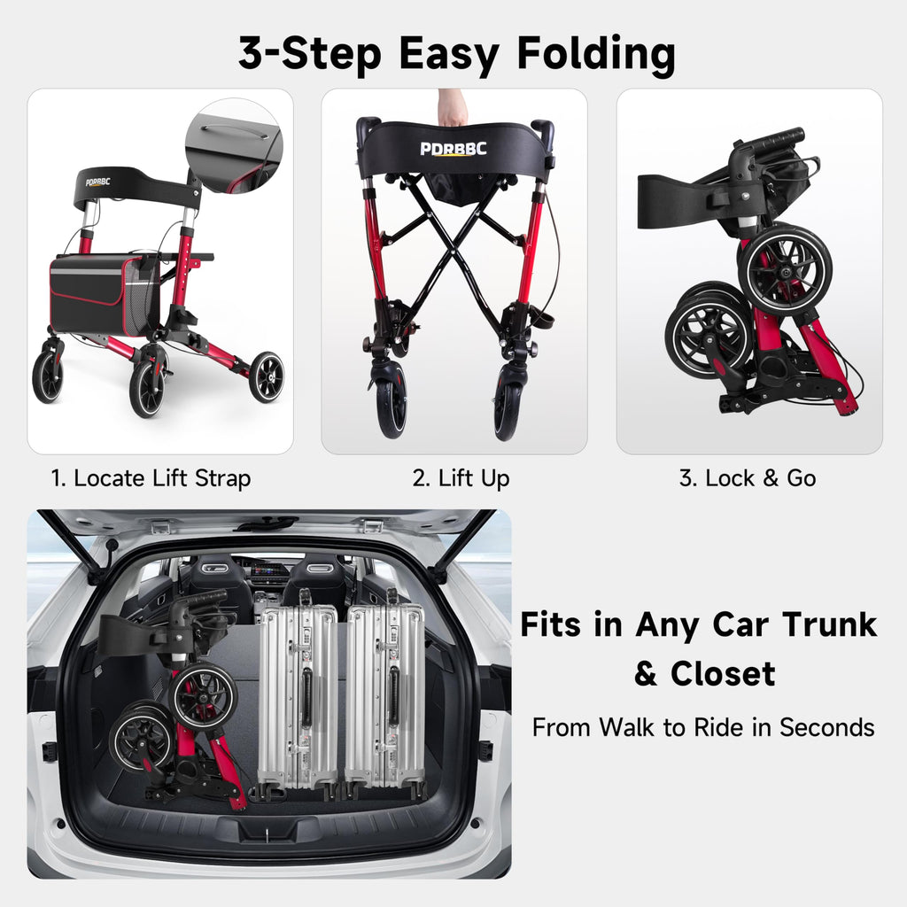 Red Foldable Lightweight Aluminum Rollator Walker with Seat and Brakes W20602