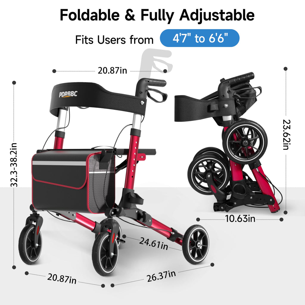Red Foldable Lightweight Aluminum Rollator Walker with Seat and Brakes W20602
