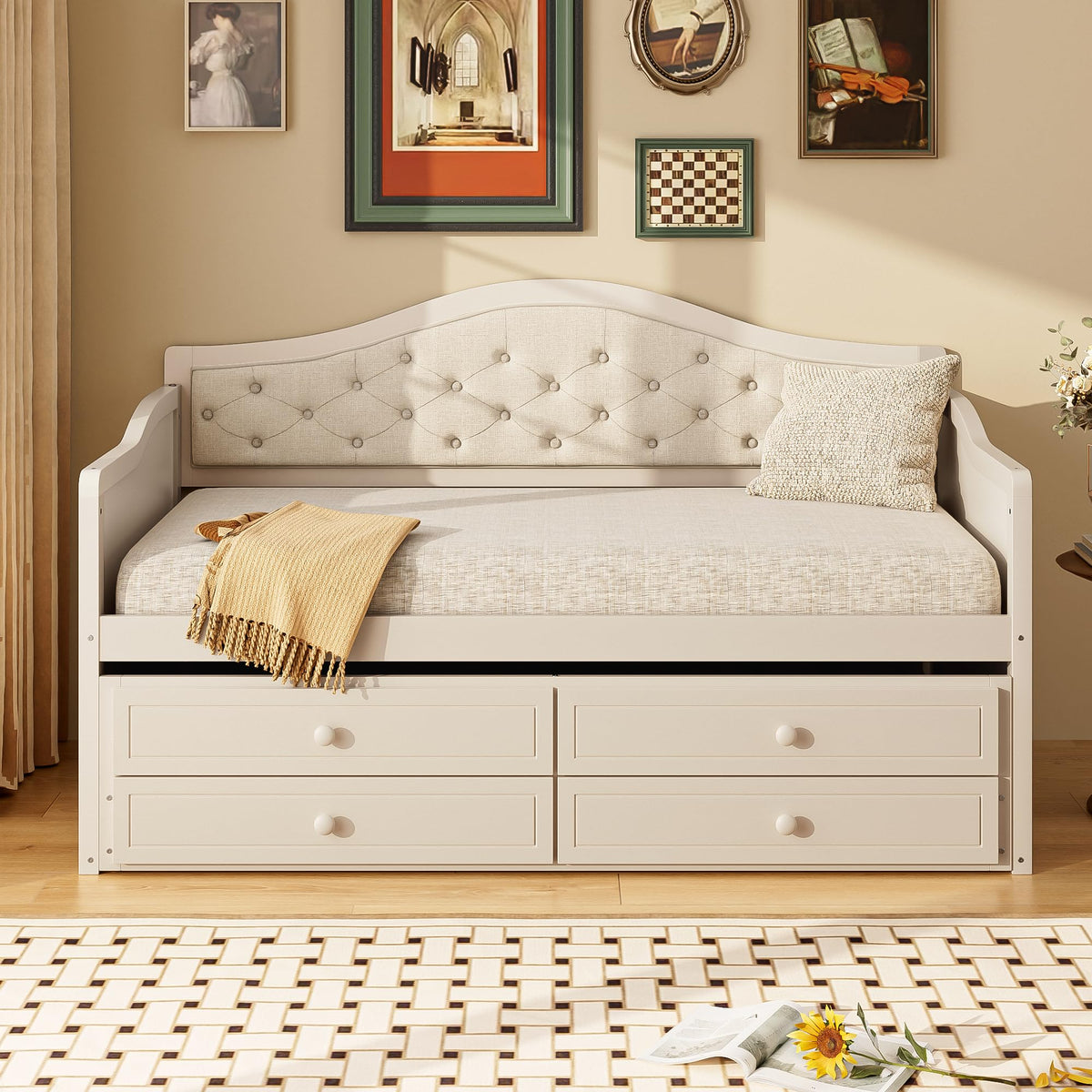 Beige Twin Size Wooden Daybed with Trundle and 2 Drawers S15396