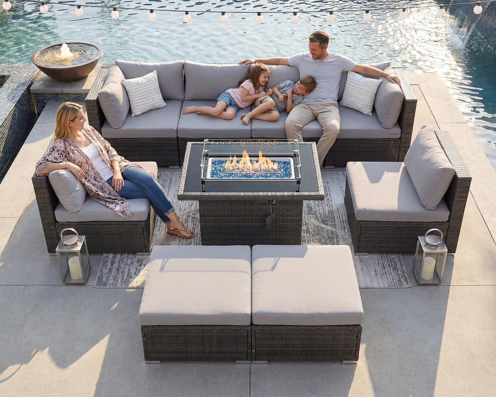 9 Piece Light Grey Patio Furniture Set with Fire Pit B17748