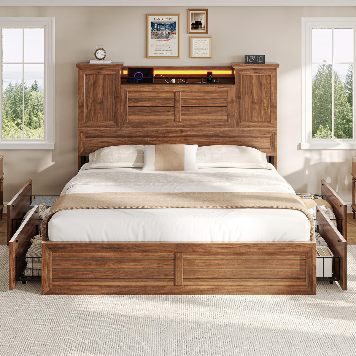 Queen Size Wooden Platform Bed Frame with Headboard Storage Drawers B86340