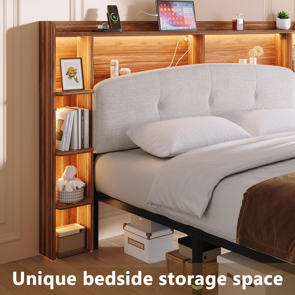 Queen Size Storage Bed Frame with Upholstered Headboard T360