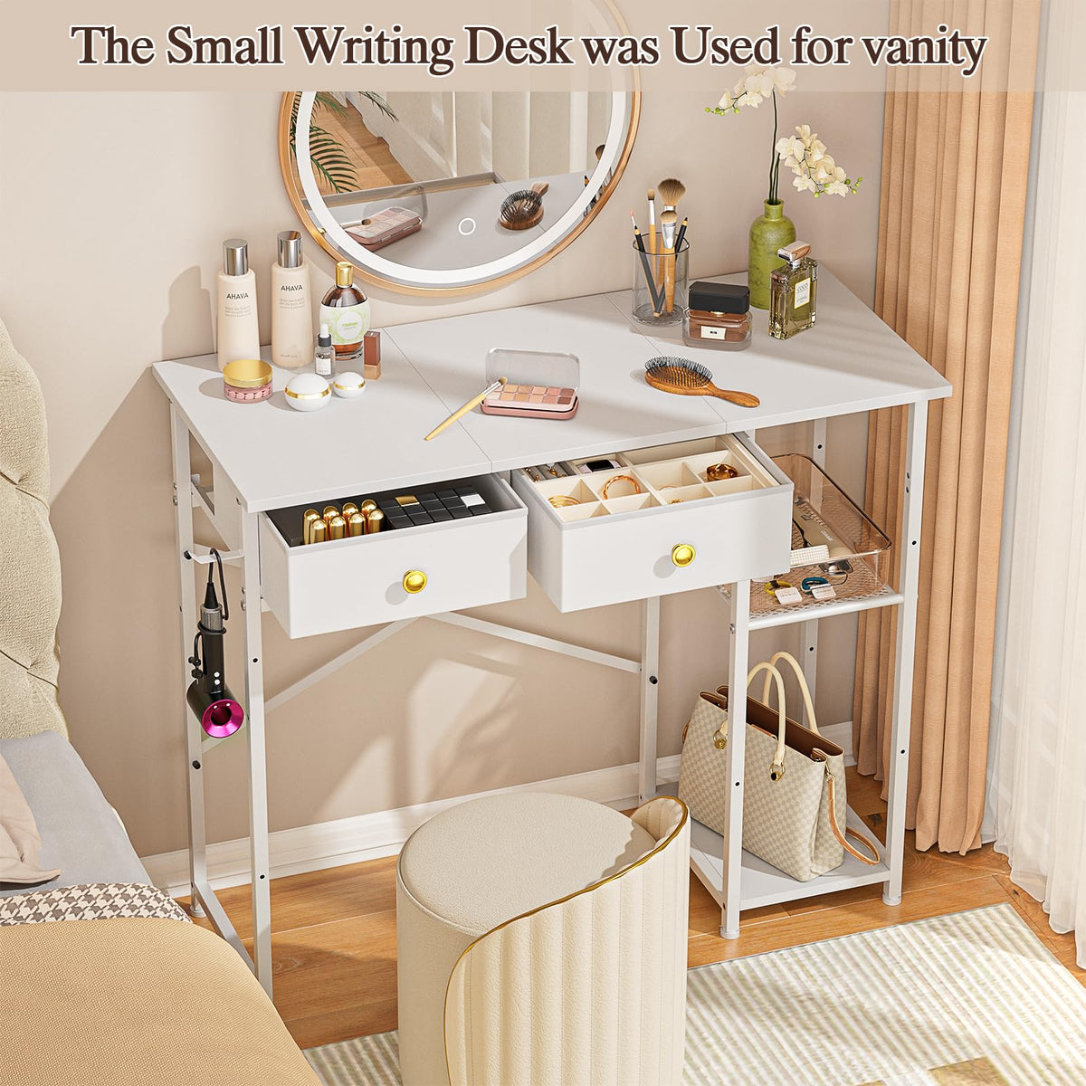 White 36 Inch Computer Desk with Drawers and Storage Shelves J2254
