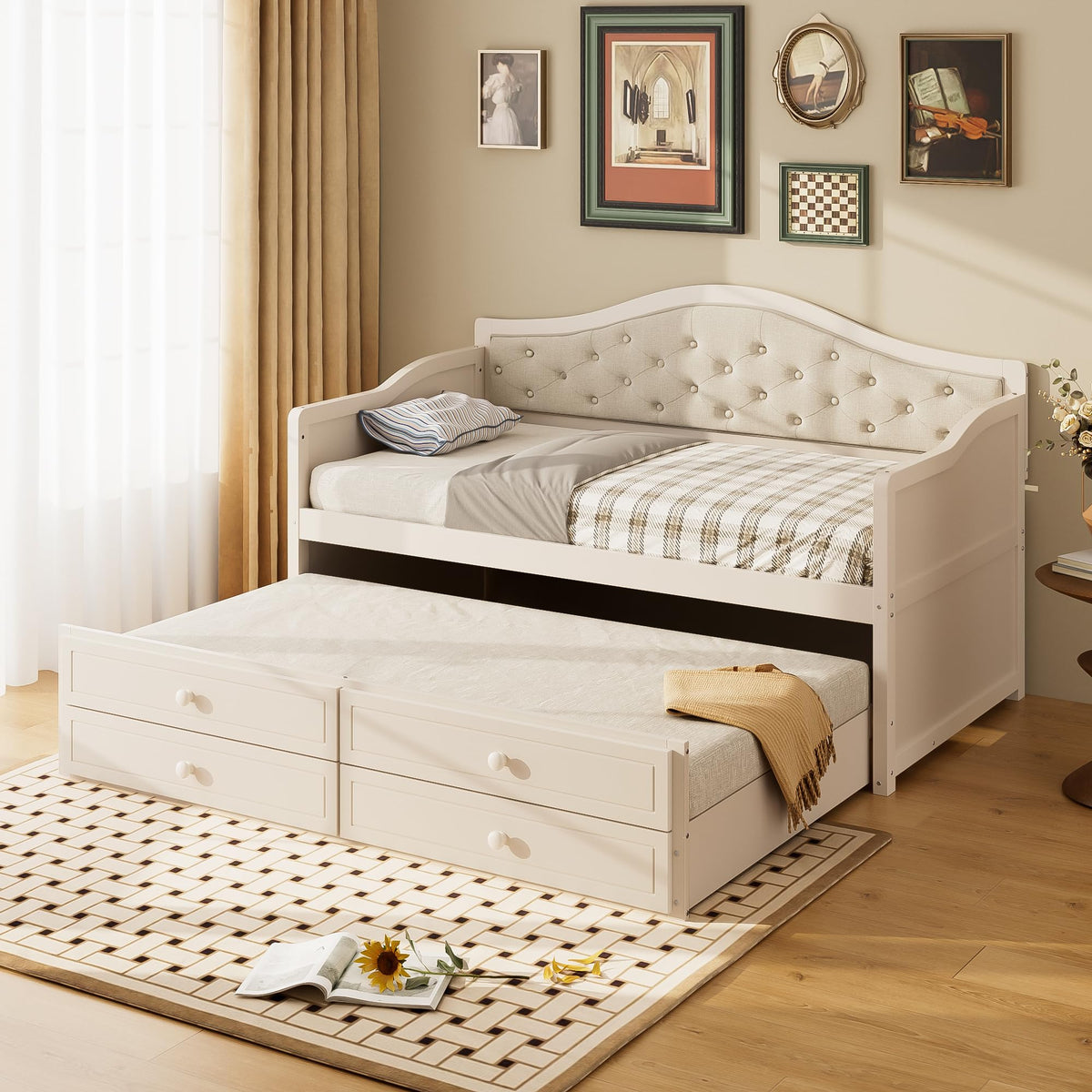 Beige Twin Size Wooden Daybed with Trundle and 2 Drawers S15396