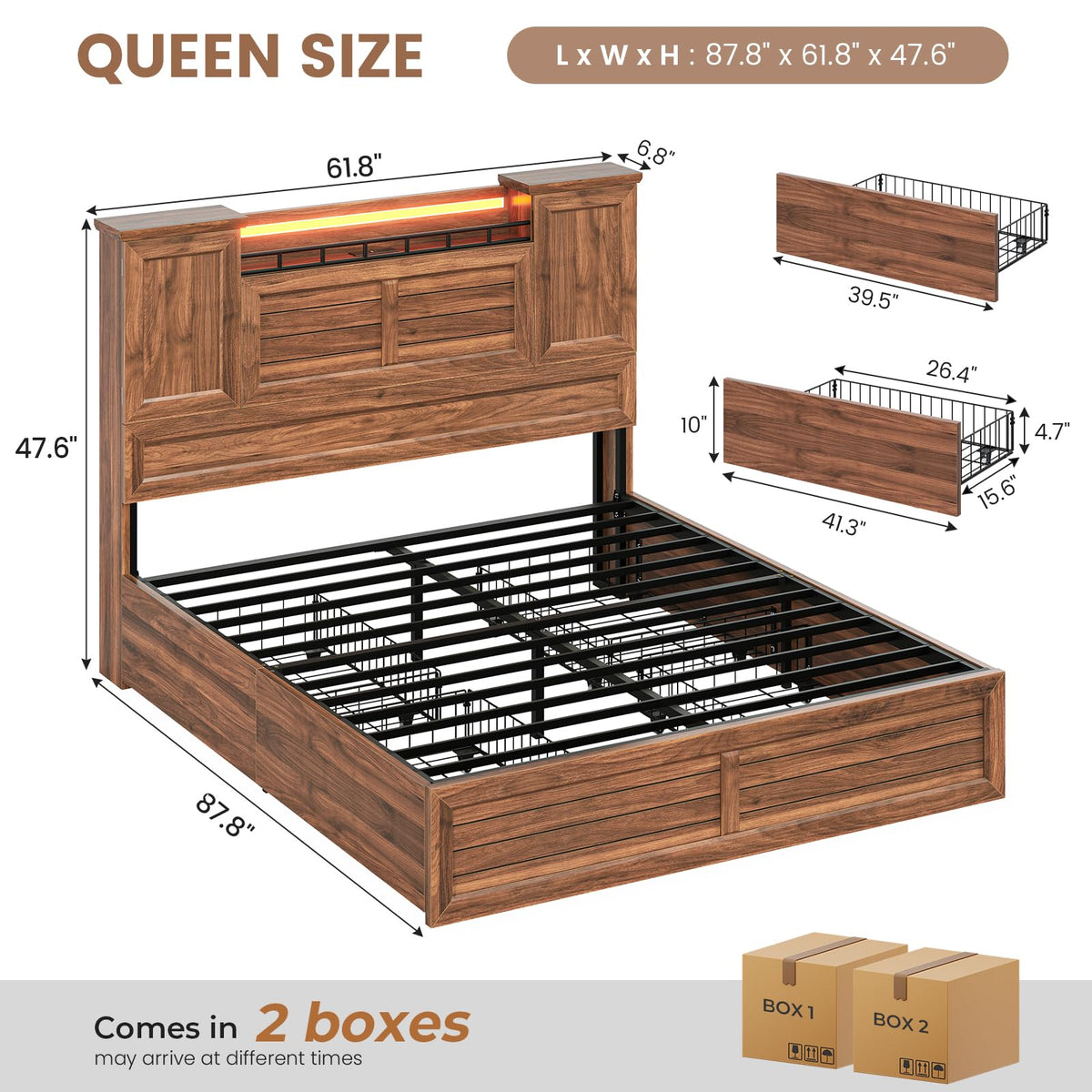 Queen Size Wooden Platform Bed Frame with Headboard Storage Drawers B86340