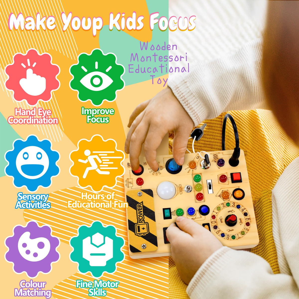 Wooden Sensory Activity Board with LED Light Switches M383