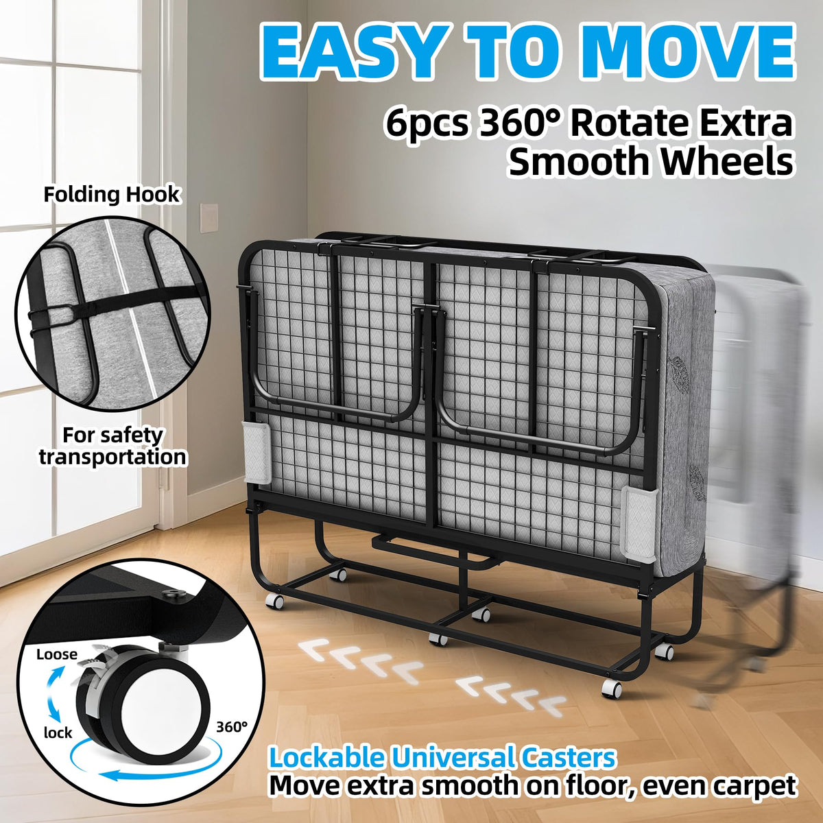 Folding Bed with Mattress Full Size 75 X 54 inch Memory Foam on Wheels H443