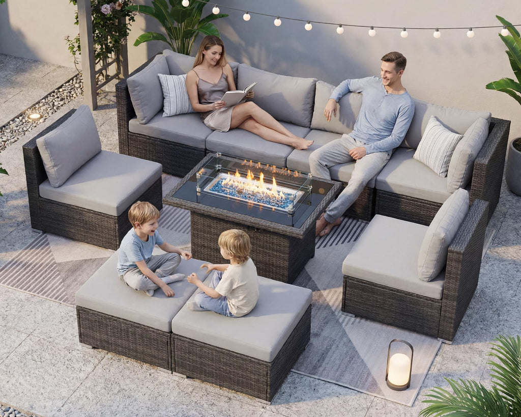 9 Piece Light Grey Patio Furniture Set with Fire Pit B17748
