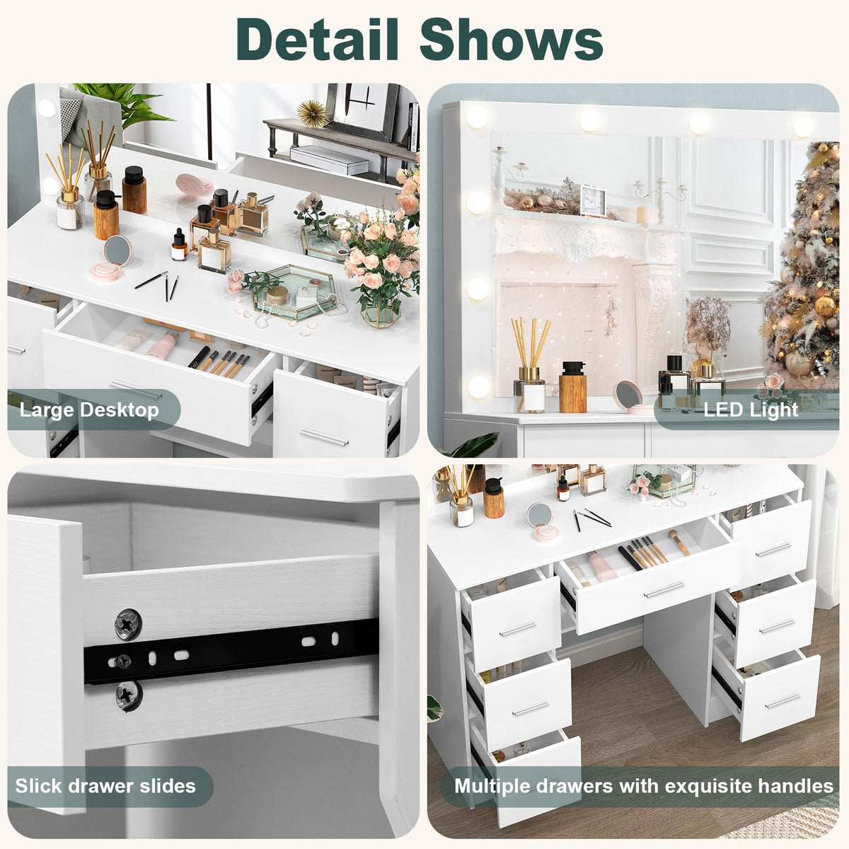 White 7 Drawer Vanity with Lights and Mirror V30819