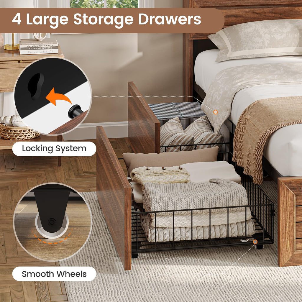 Queen Size Wooden Platform Bed Frame with Headboard Storage Drawers B86340