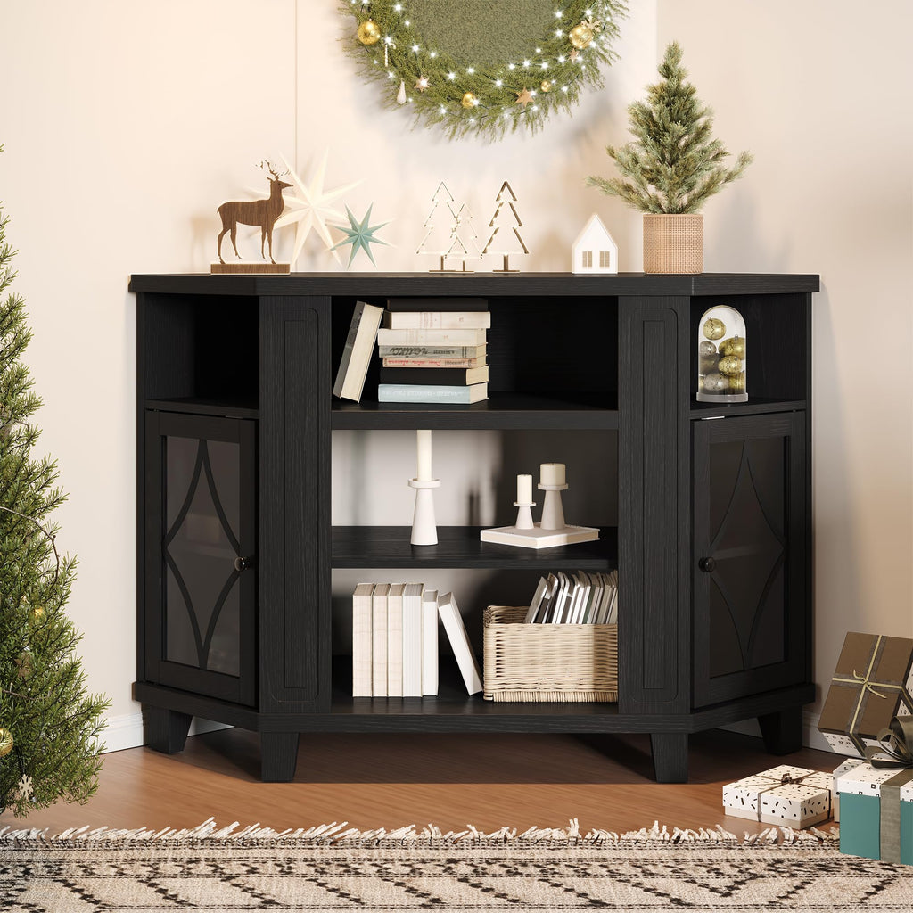 Corner TV Stand up to 55 Inch with Storage Wood Media Console Cabinet Satin Black T5784