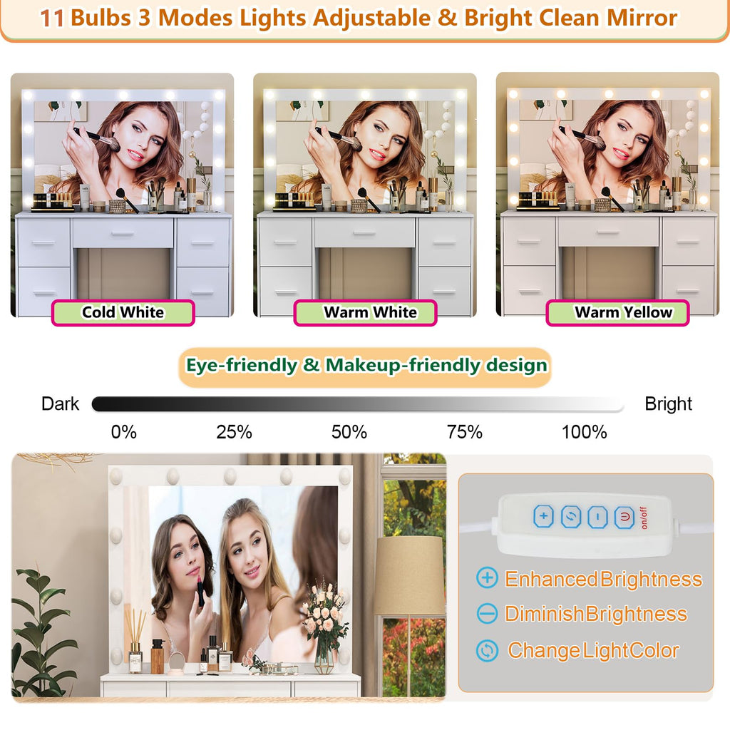 White 7 Drawer Vanity with Lights and Mirror V30819