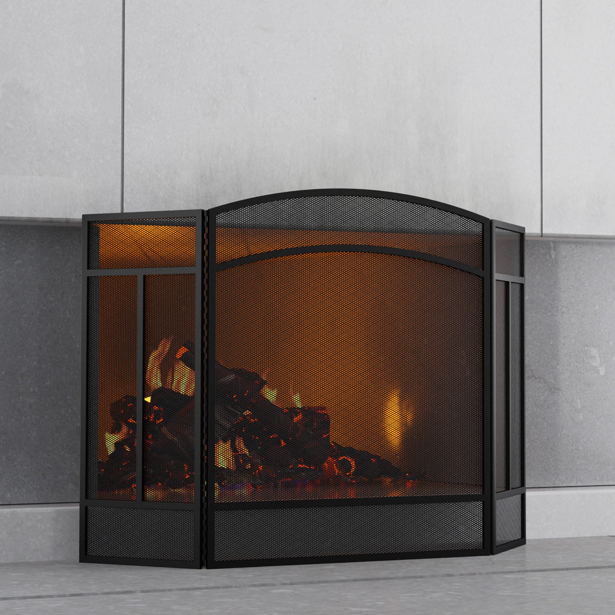 Black 3 Panel Wrought Iron Fireplace Screen T49739