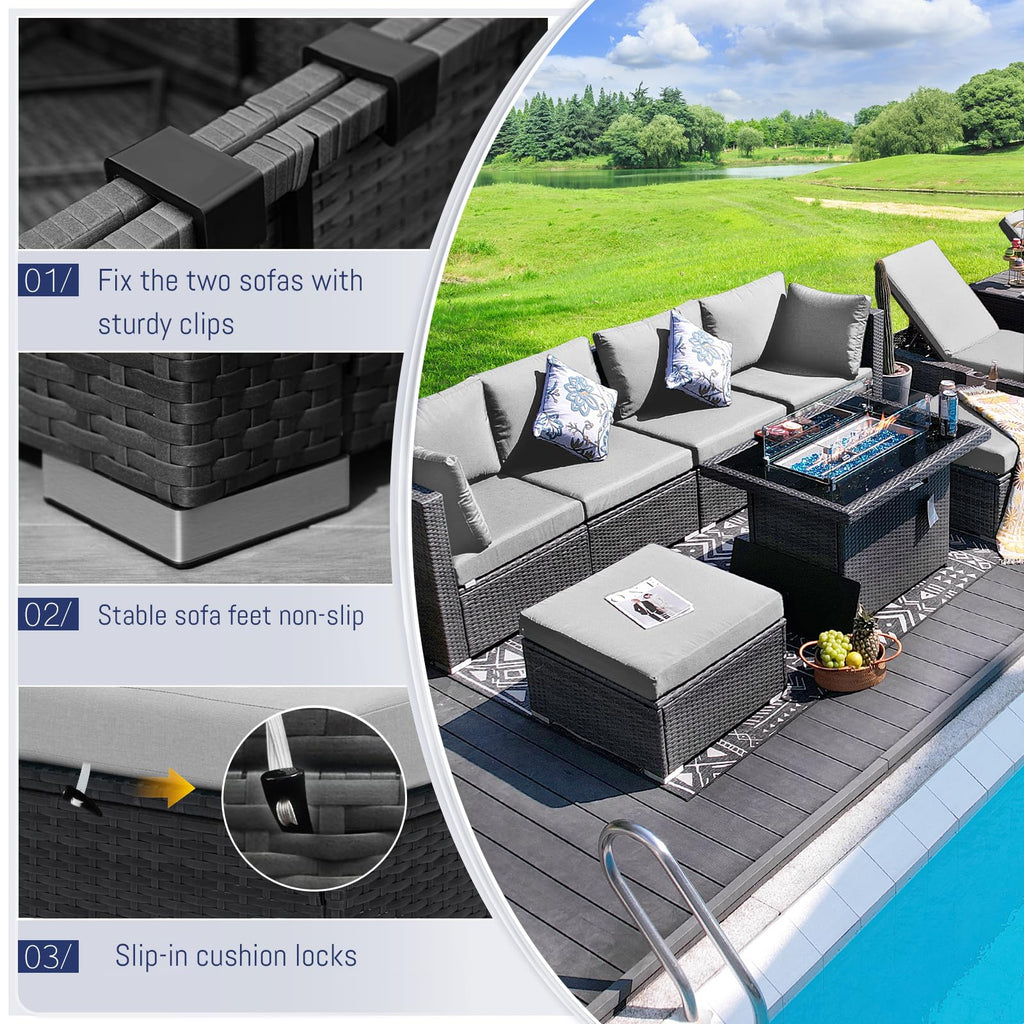 9 Piece Light Grey Patio Furniture Set with Fire Pit B17748