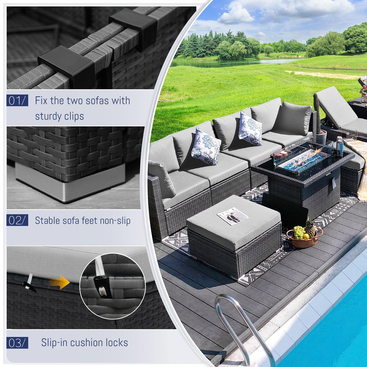 9 Piece Light Grey Patio Furniture Set with Fire Pit B17748