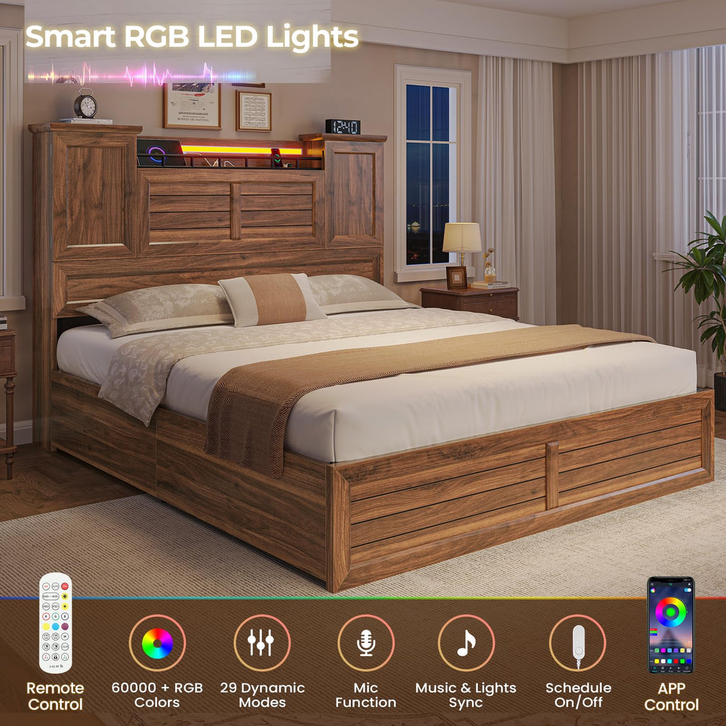 Queen Size Wooden Platform Bed Frame with Headboard Storage Drawers B86340