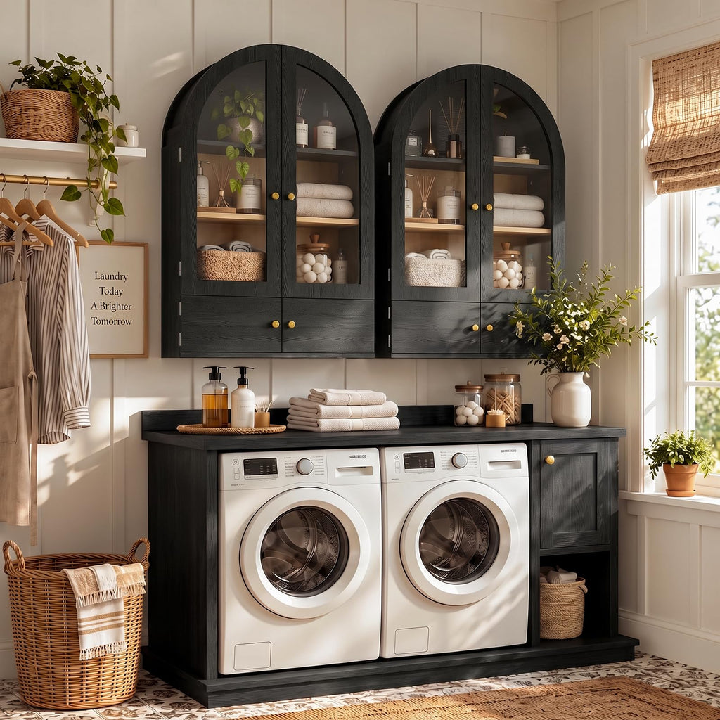 Black Arched Wall Mounted Cabinet with Glass Doors Y325379