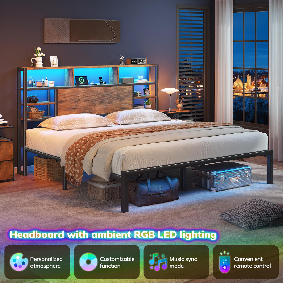 King Bed Frame with Storage Headboard and Charging Station S245527