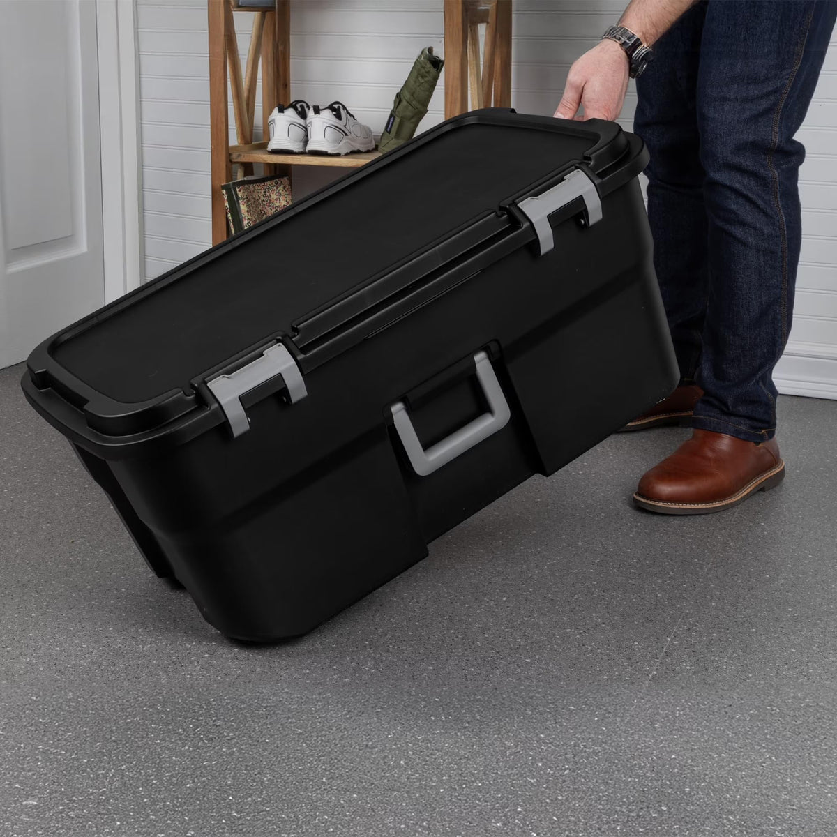 22 Gallon Black Wheeled Plastic Storage Trunk with Lids P13090