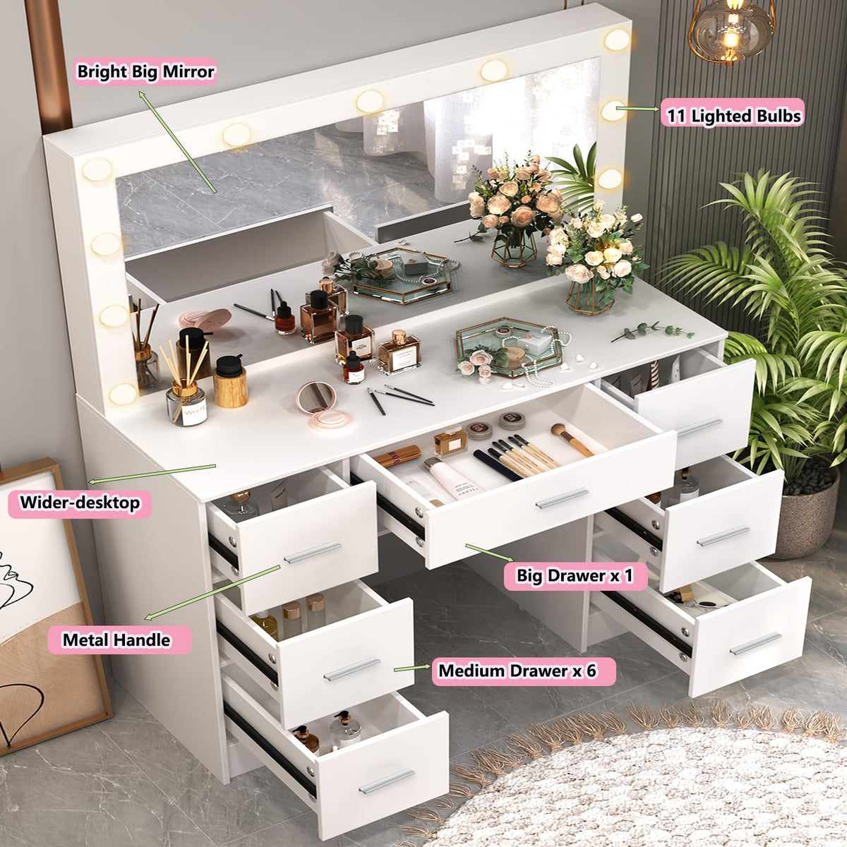 White 7 Drawer Vanity with Lights and Mirror V30819