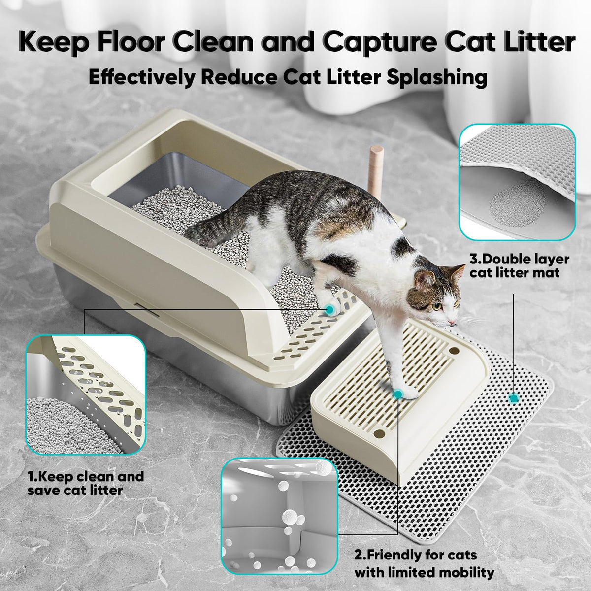 XL Stainless Steel Enclosed Cat Litter Box with Lid, Scoop and Mat V53029