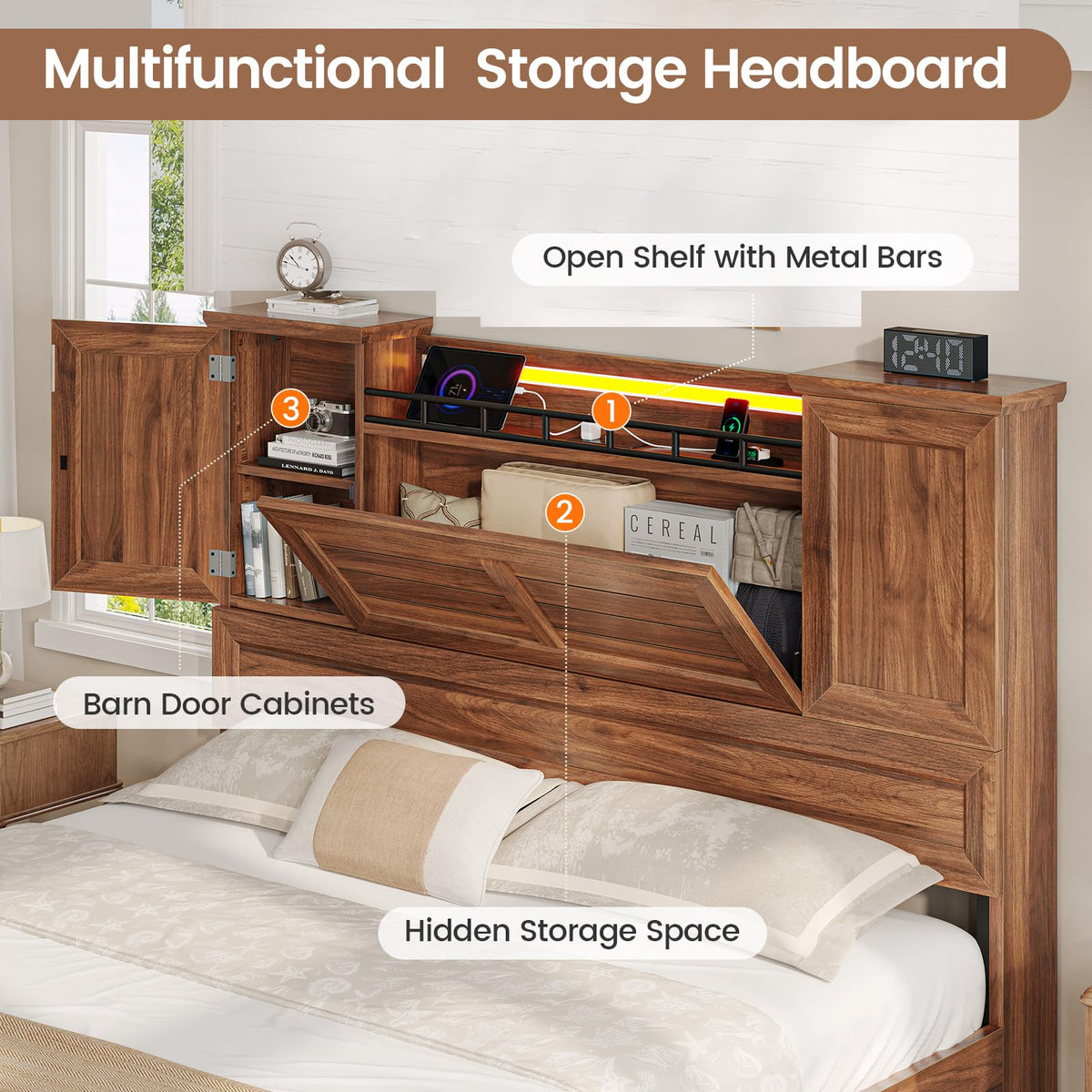 Queen Size Wooden Platform Bed Frame with Headboard Storage Drawers B86340
