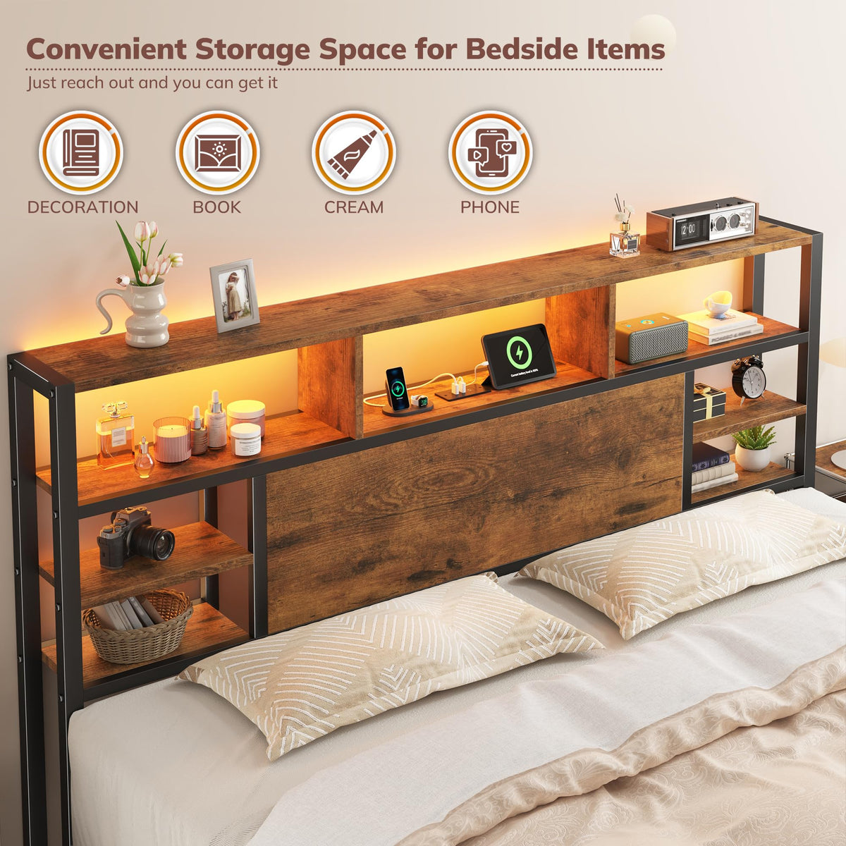 King Bed Frame with Storage Headboard and Charging Station S245527
