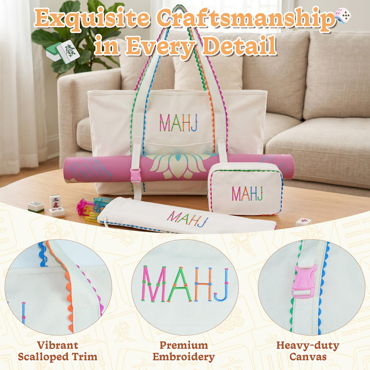 3 Pcs Canvas Mahjong Bag Set L319912