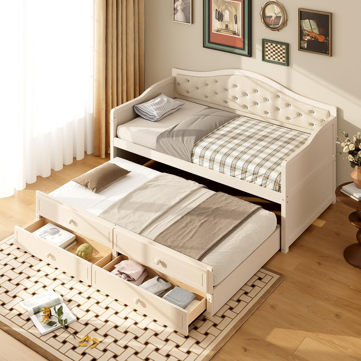 Beige Twin Size Wooden Daybed with Trundle and 2 Drawers S15396