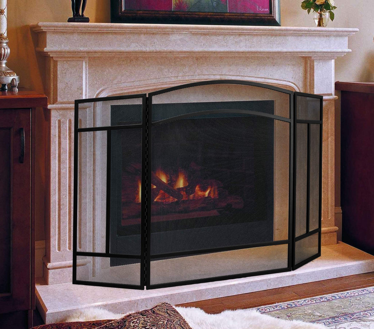 Black 3 Panel Wrought Iron Fireplace Screen T49739
