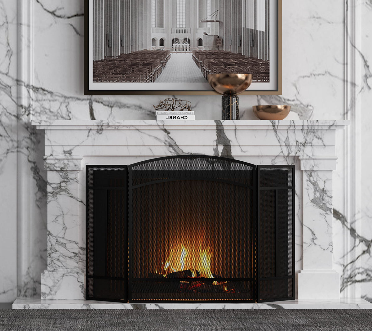 Black 3 Panel Wrought Iron Fireplace Screen T49739